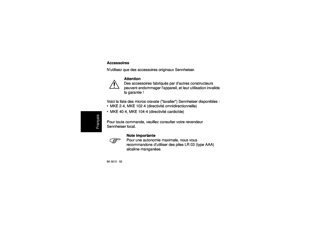 Sennheiser SK 5012 instruction manual Accessoires, Français 
