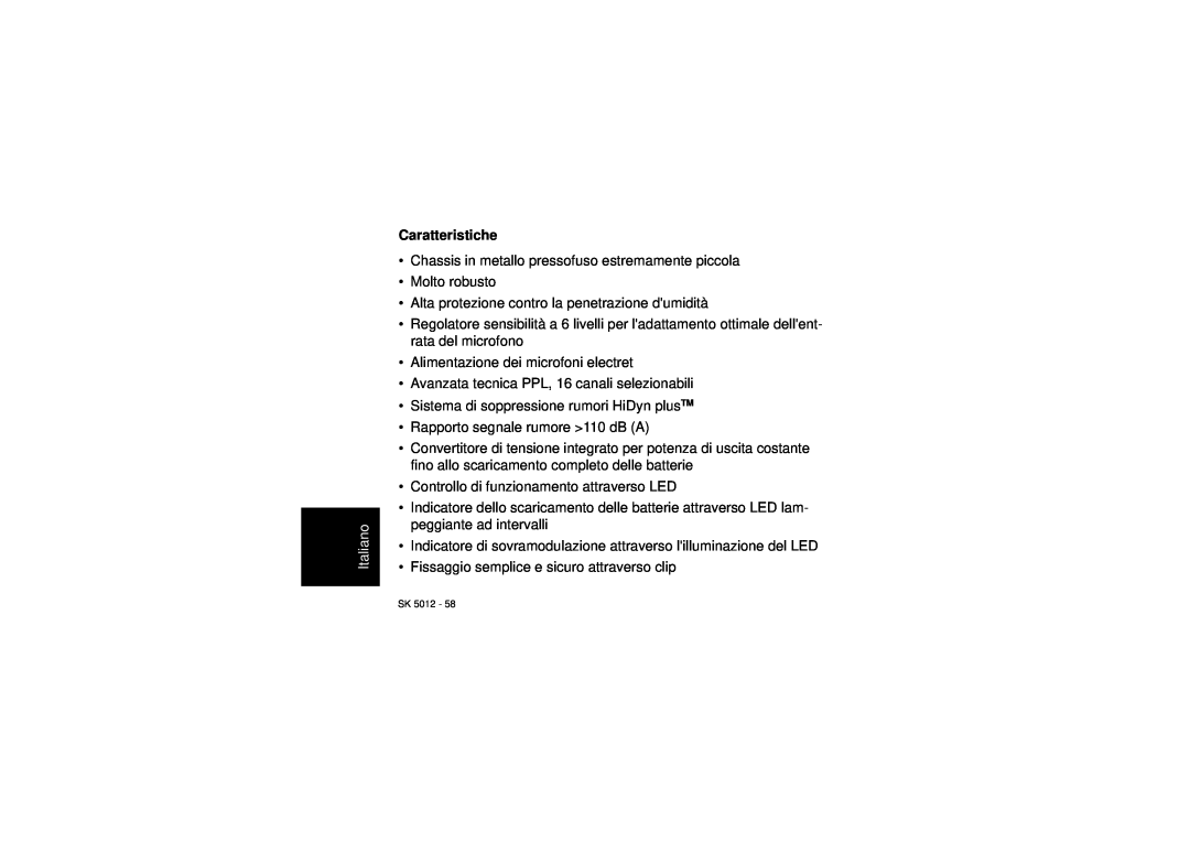 Sennheiser SK 5012 instruction manual Caratteristiche, Italiano 