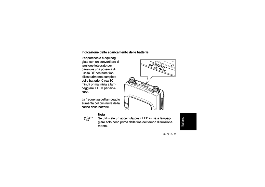 Sennheiser SK 5012 instruction manual Indicazione dello scaricamento delle batterie, Italiano 