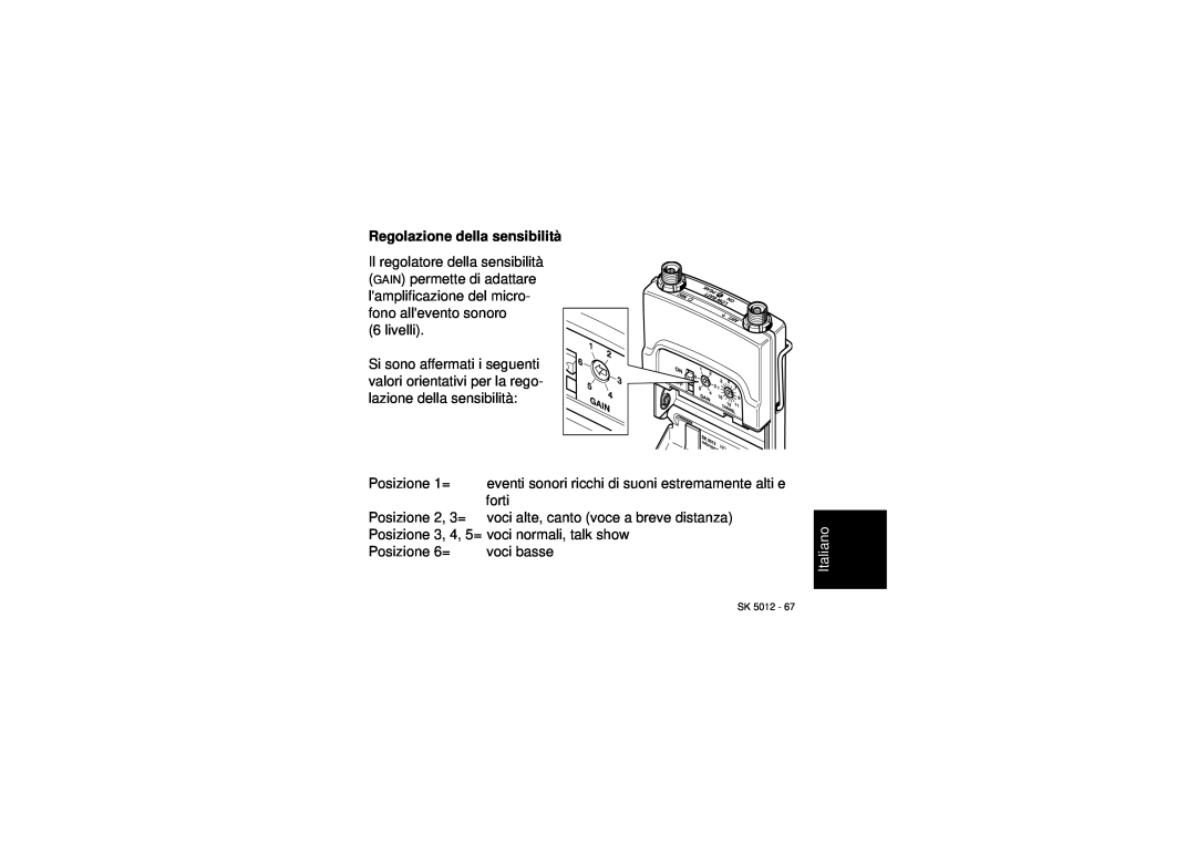 Sennheiser SK 5012 instruction manual Regolazione della sensibilità, Italiano 