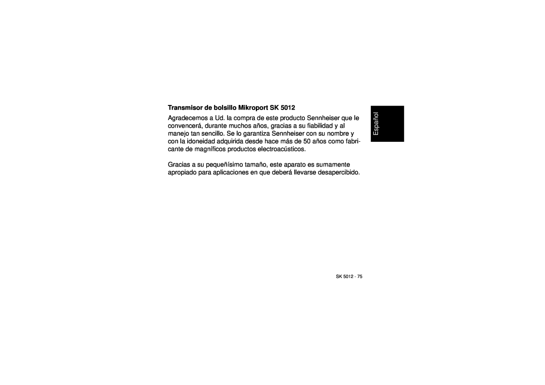 Sennheiser SK 5012 instruction manual Transmisor de bolsillo Mikroport SK, Español 