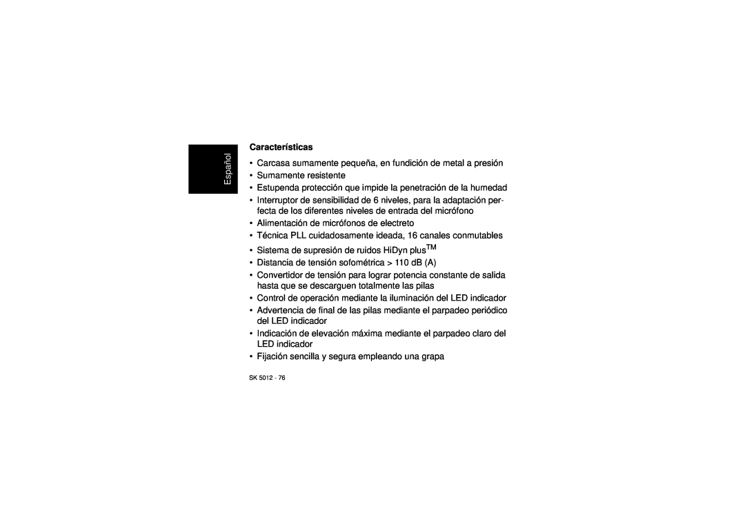 Sennheiser SK 5012 instruction manual Características, Español 