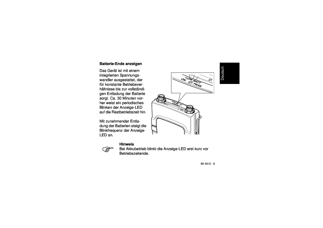 Sennheiser SK 5012 instruction manual Batterie-Endeanzeigen, Deutsch 