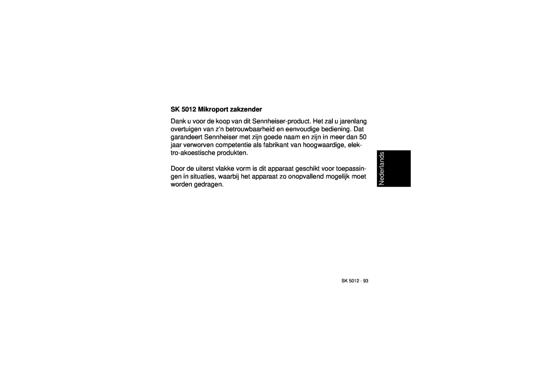 Sennheiser instruction manual SK 5012 Mikroport zakzender, Nederlands 