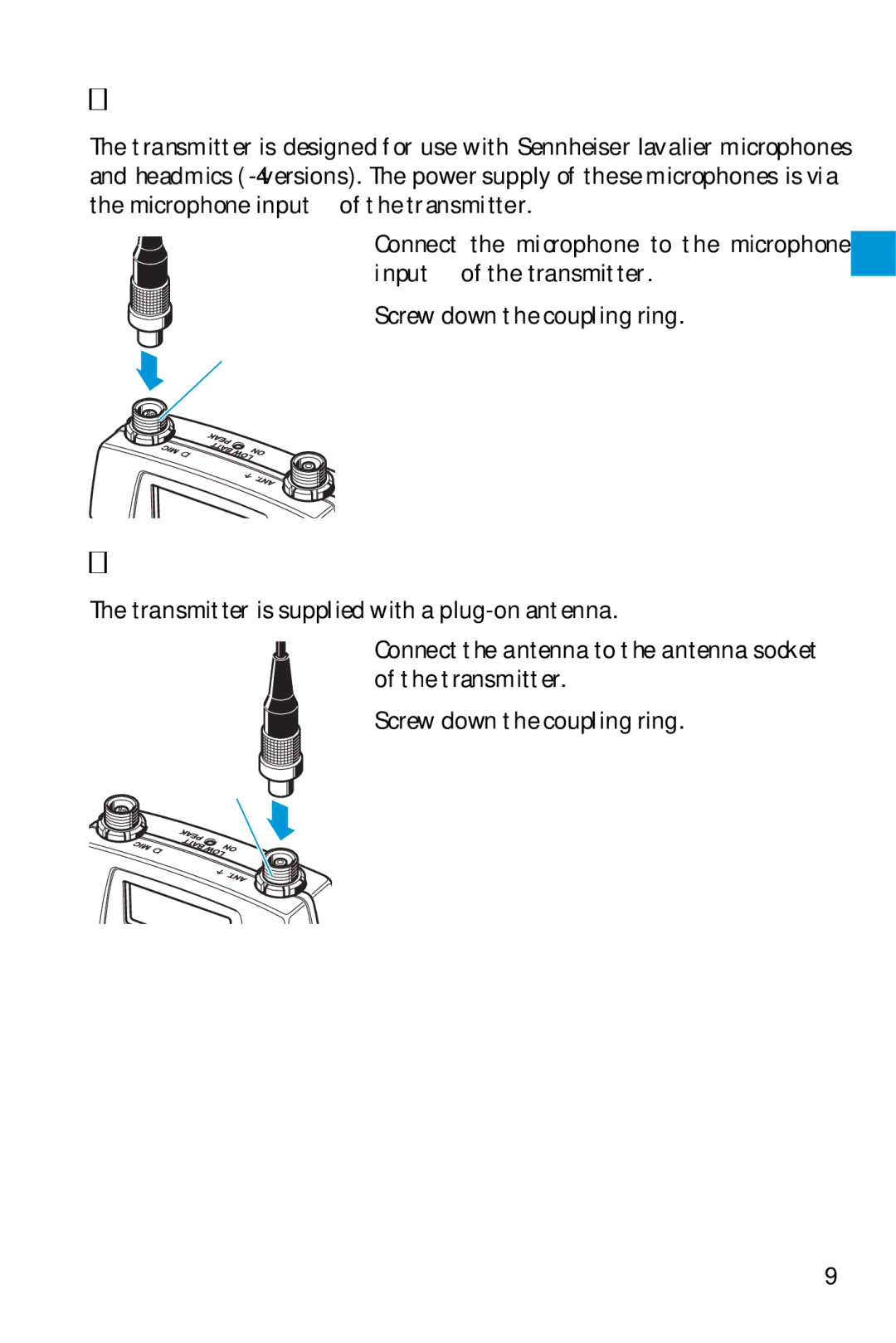 Sennheiser SK 5212 manual Connecting the microphone, Connecting the antenna 