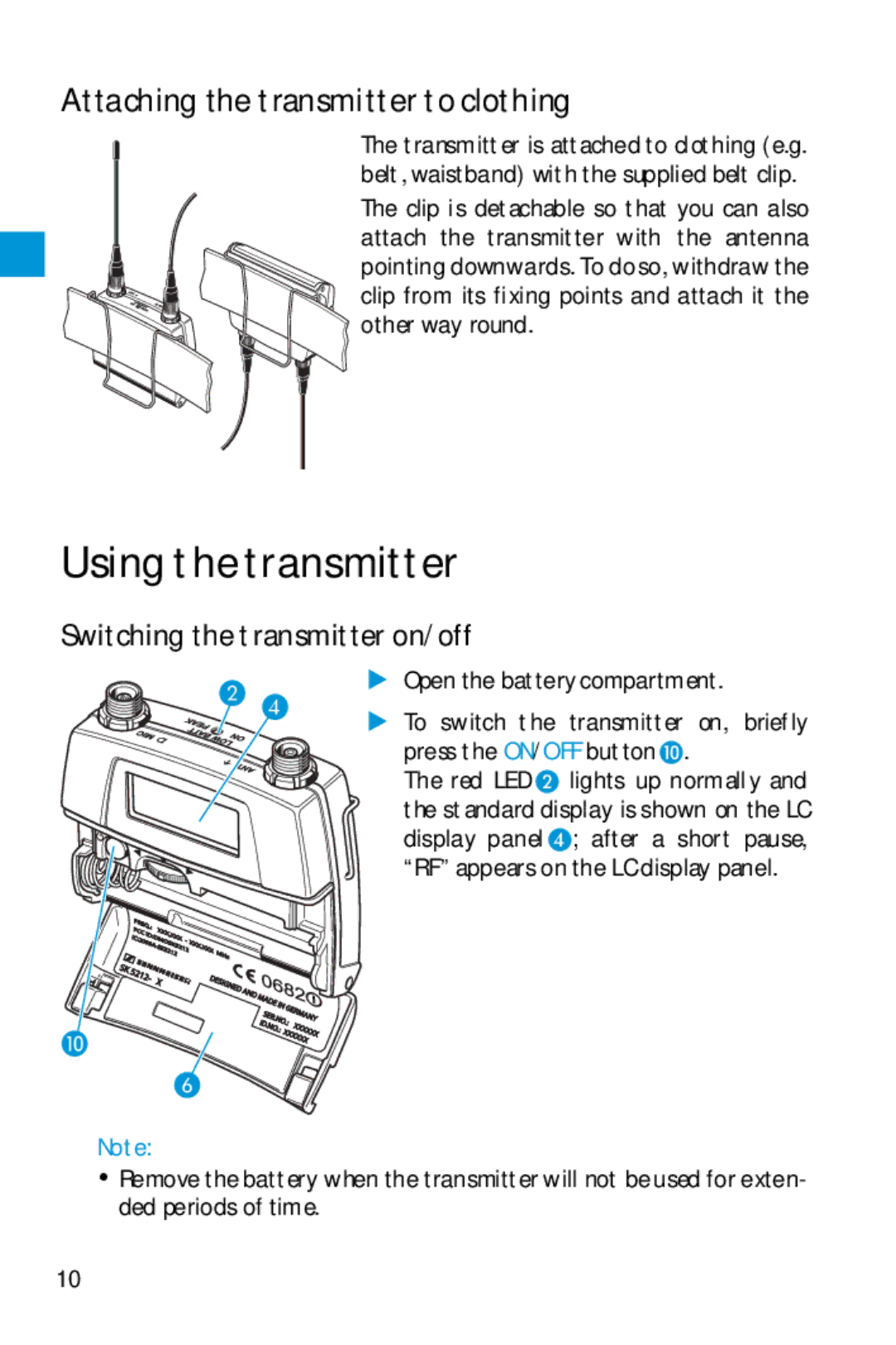 Sennheiser SK 5212 manual Using the transmitter, Attaching the transmitter to clothing 