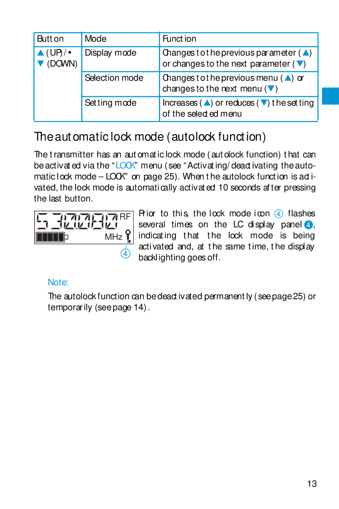 Sennheiser SK 5212 manual Automatic lock mode autolock function 