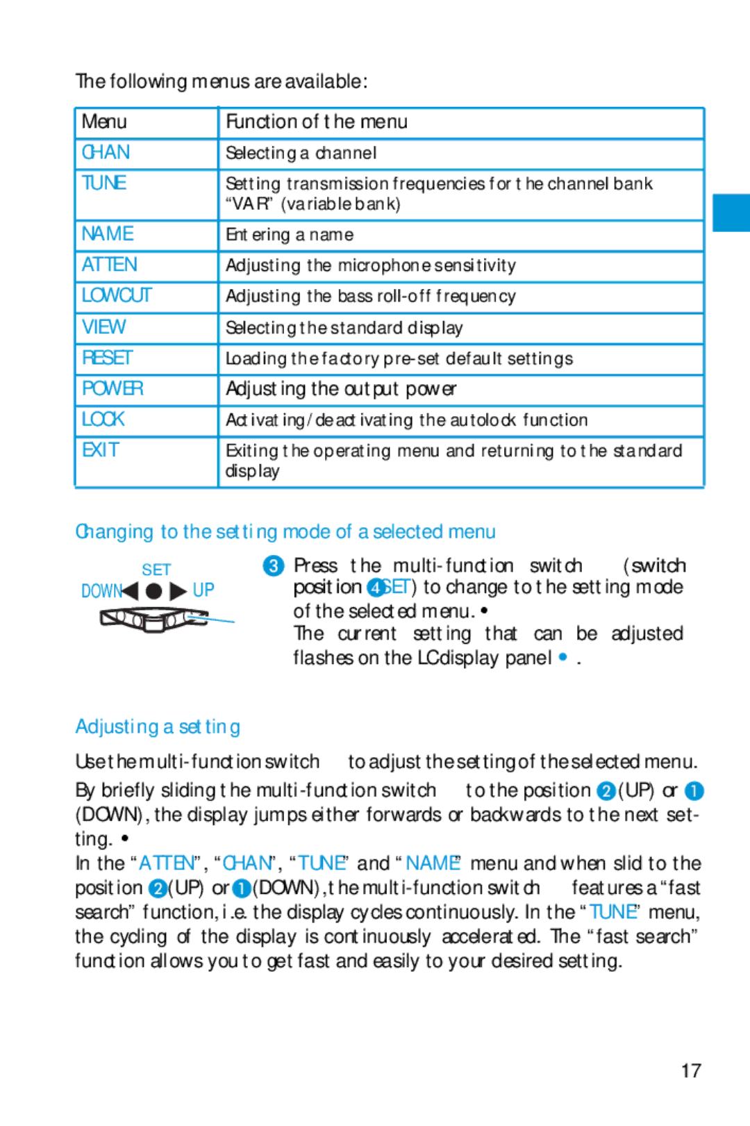 Sennheiser SK 5212 manual Changing to the setting mode of a selected menu, Adjusting a setting 