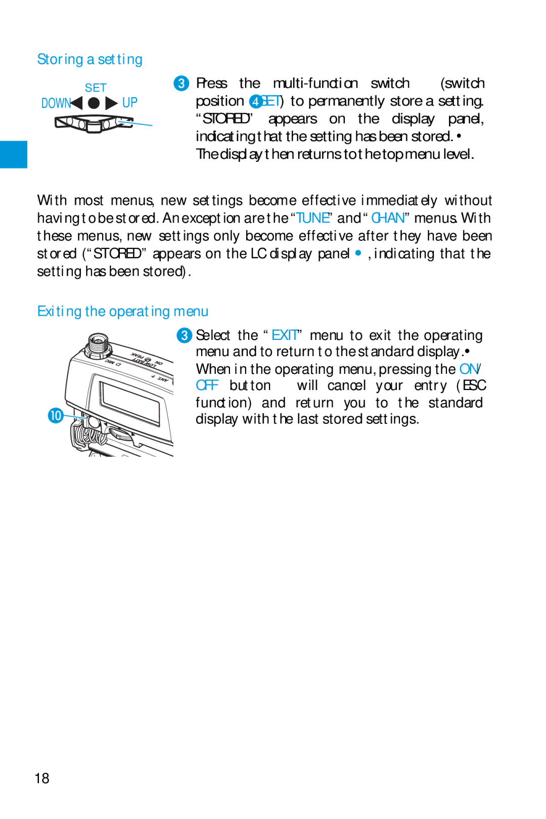 Sennheiser SK 5212 manual Storing a setting, Exiting the operating menu 