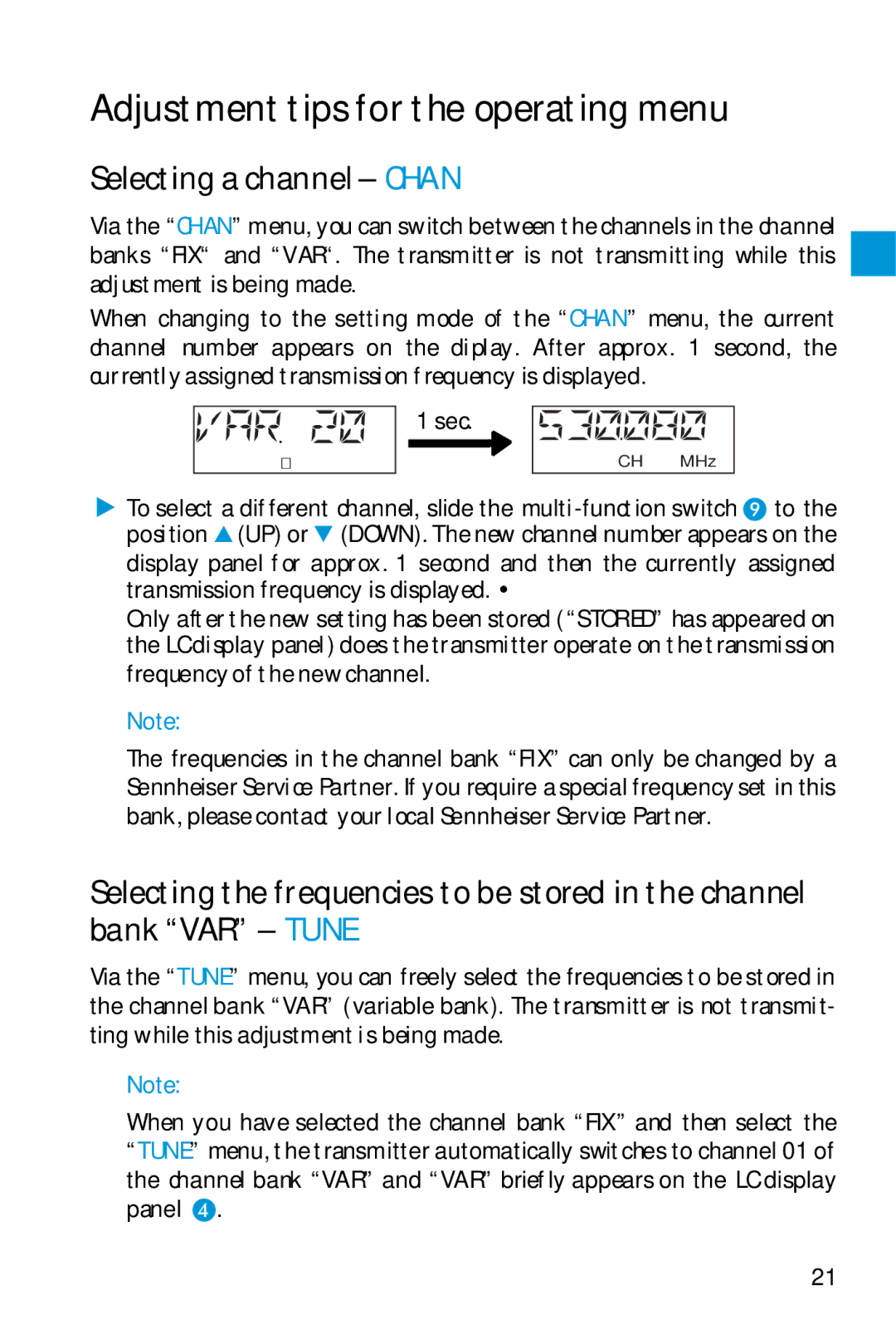 Sennheiser SK 5212 manual Adjustment tips for the operating menu, Selecting a channel Chan 