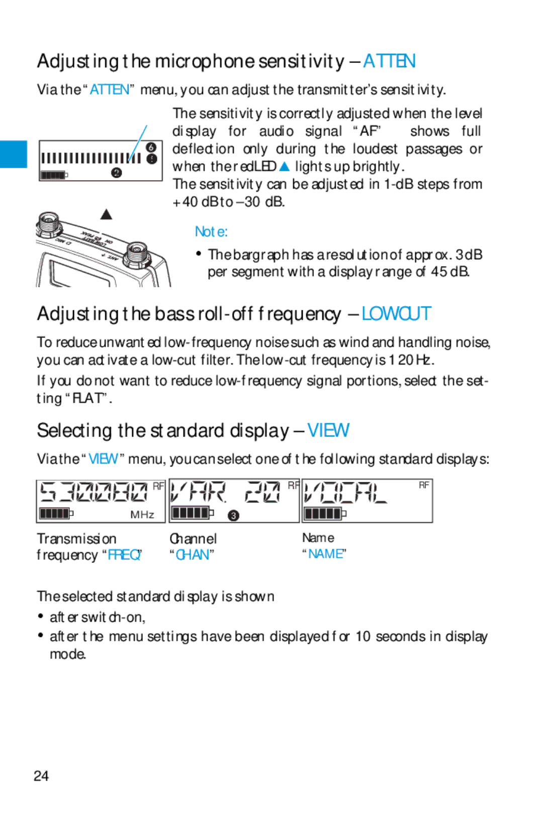 Sennheiser SK 5212 manual Adjusting the microphone sensitivity Atten, Adjusting the bass roll-off frequency Lowcut 