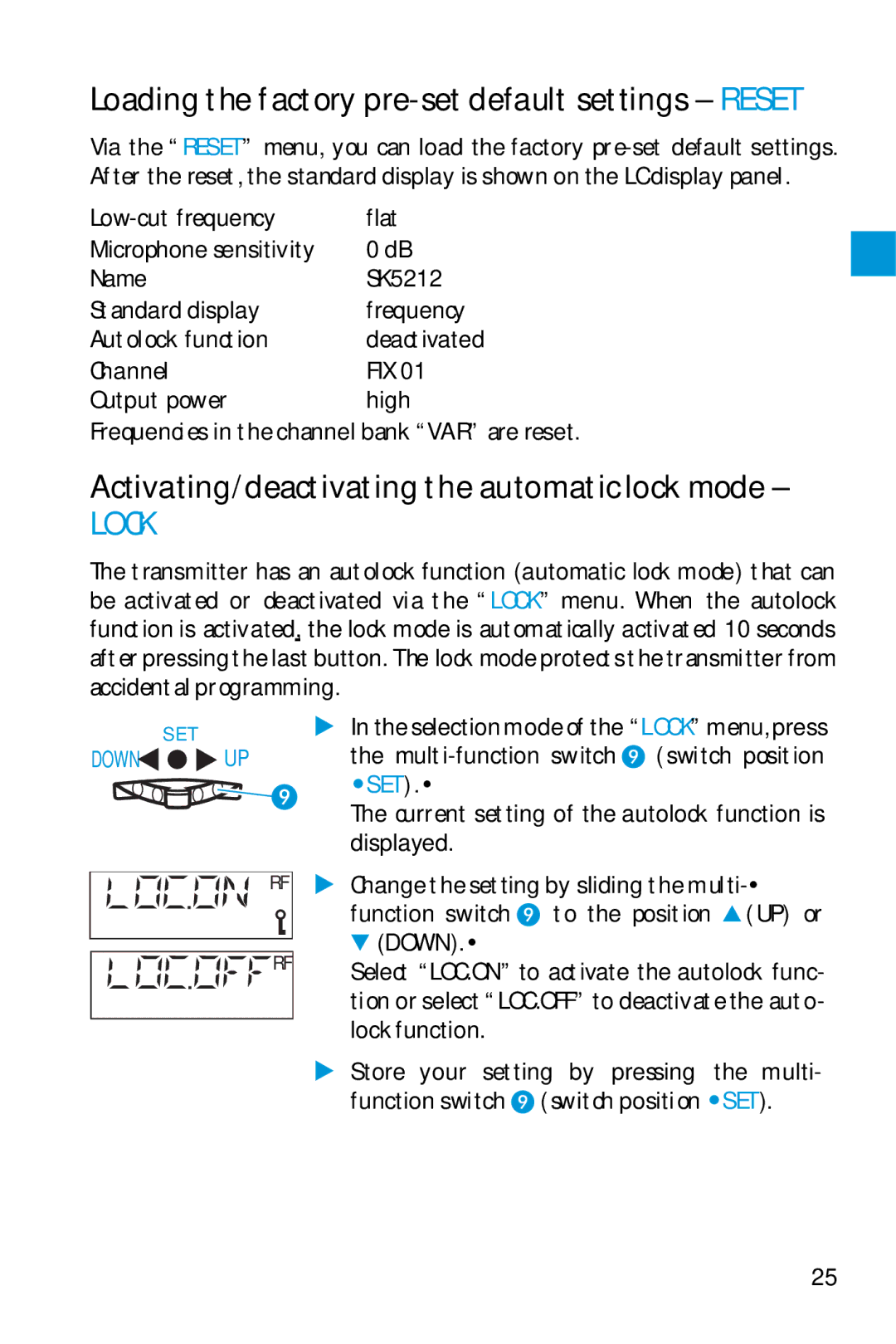 Sennheiser SK 5212 Loading the factory pre-set default settings Reset, Activating/deactivating the automatic lock mode 