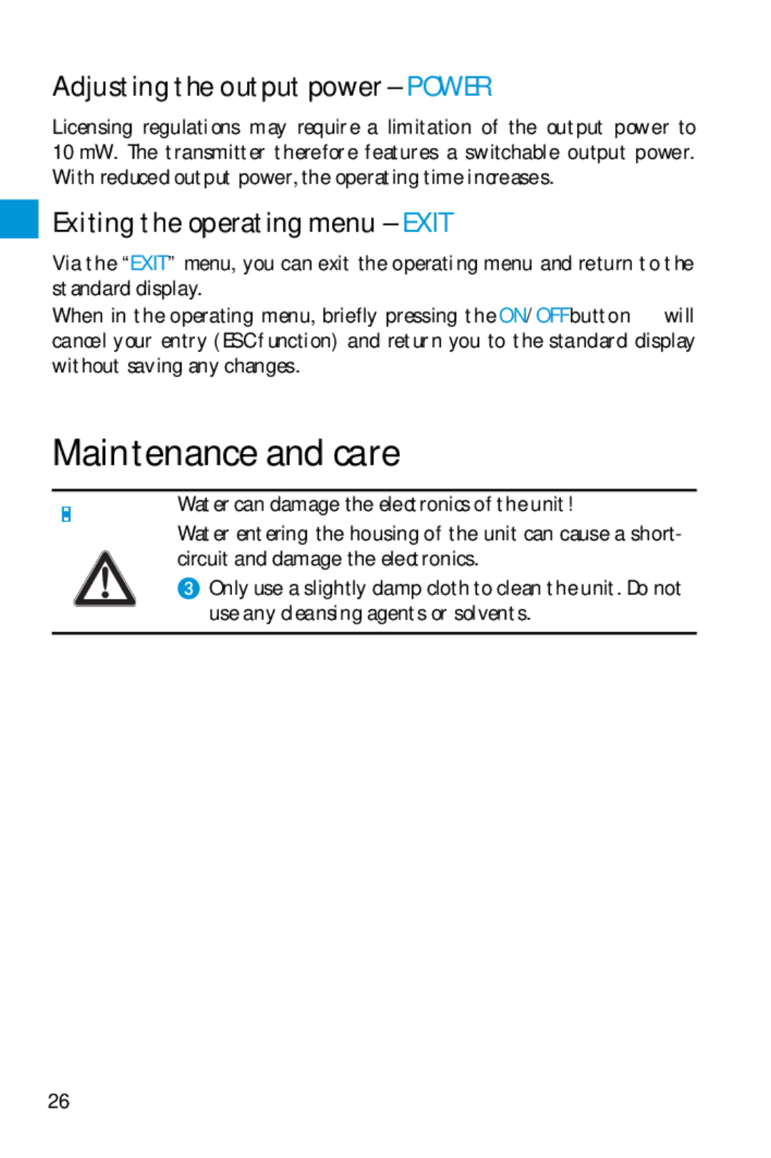 Sennheiser SK 5212 manual Maintenance and care, Adjusting the output power Power, Exiting the operating menu Exit 