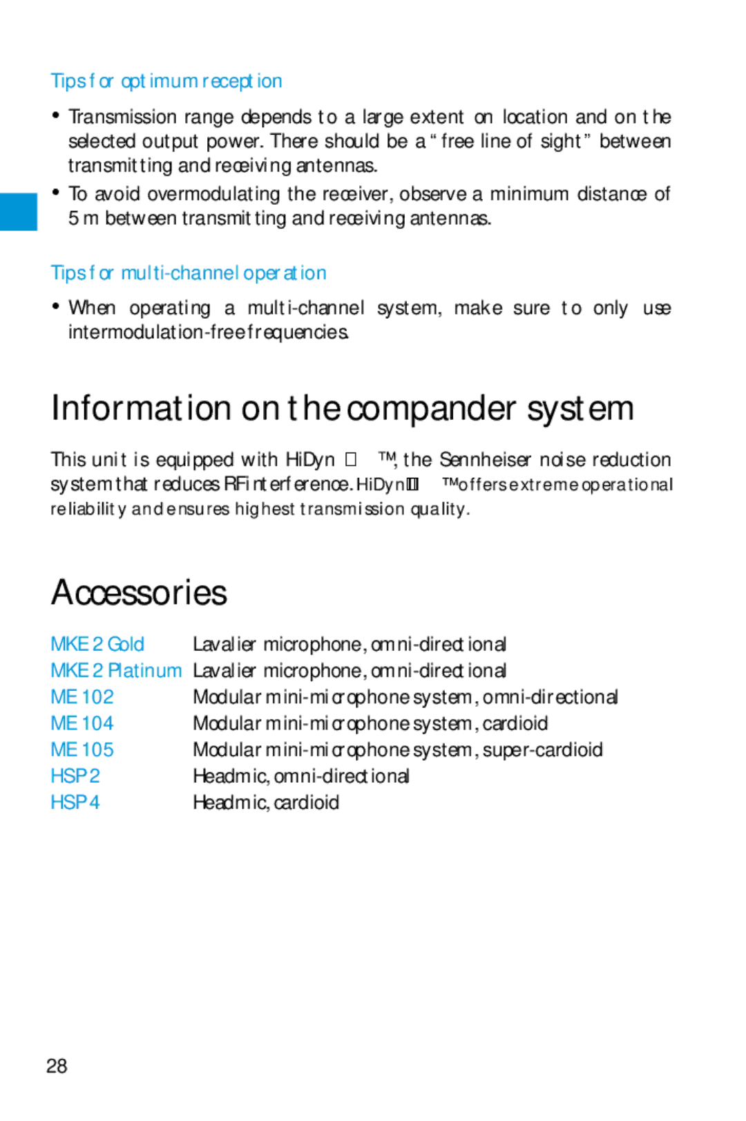 Sennheiser SK 5212 manual Information on the compander system, Accessories, Tips for optimum reception, MKE 2 Gold 