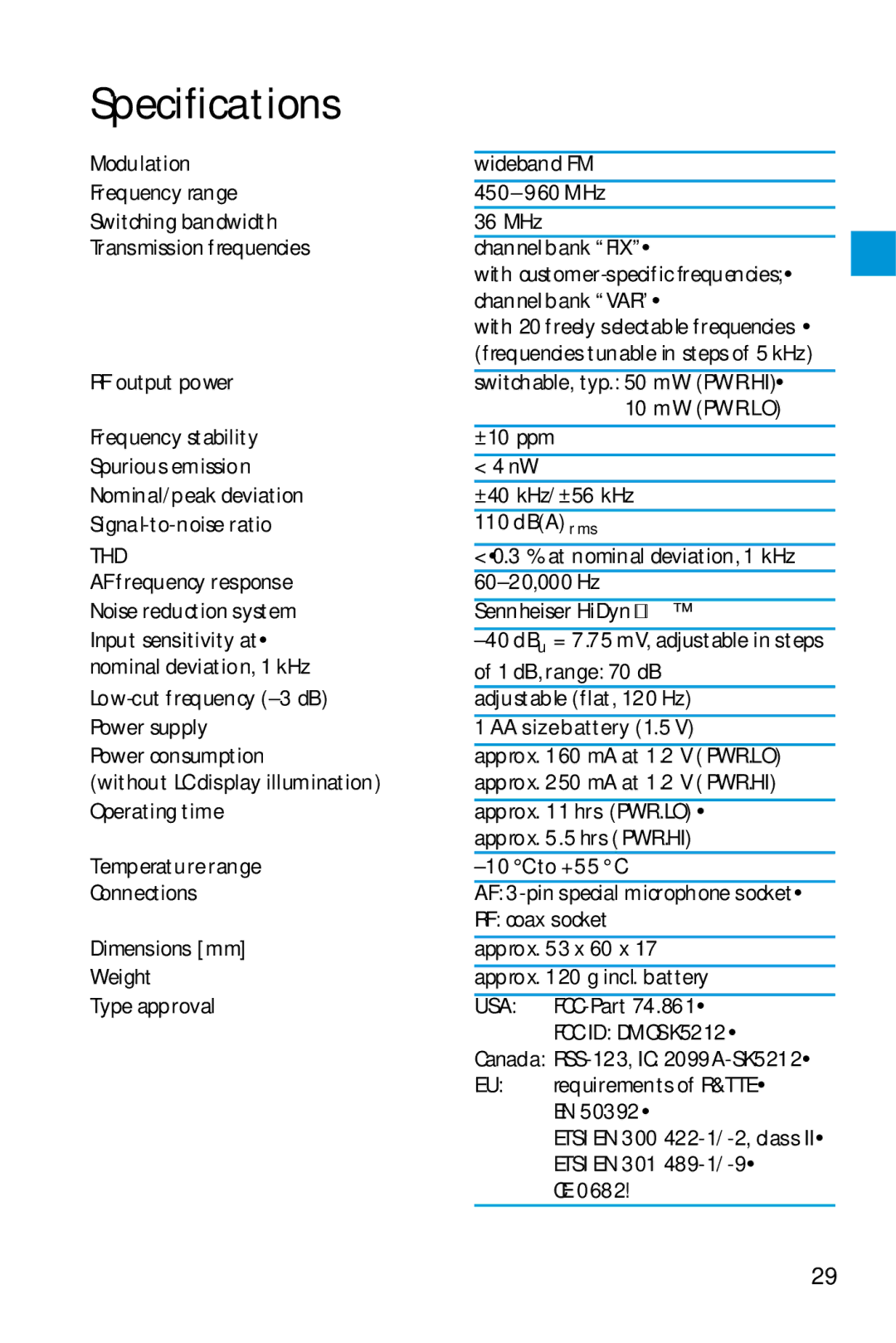 Sennheiser SK 5212 manual Specifications, Thd 