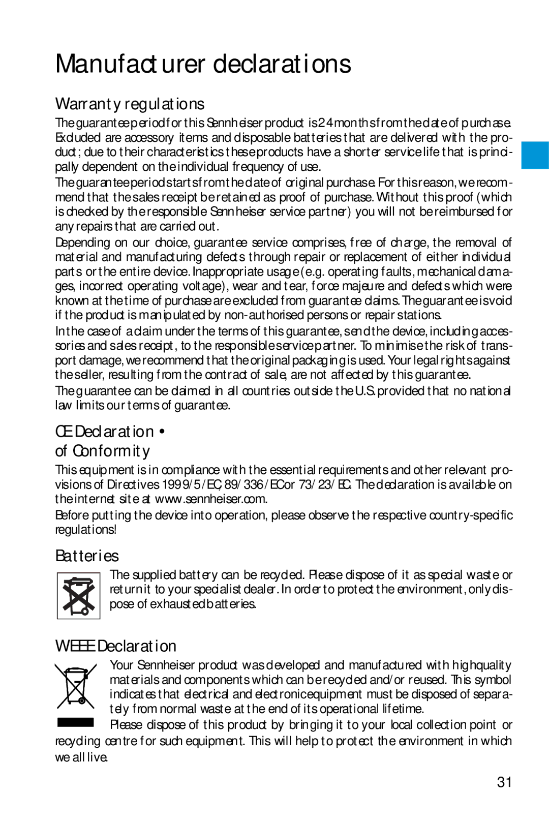 Sennheiser SK 5212 manual Manufacturer declarations, Warranty regulations 