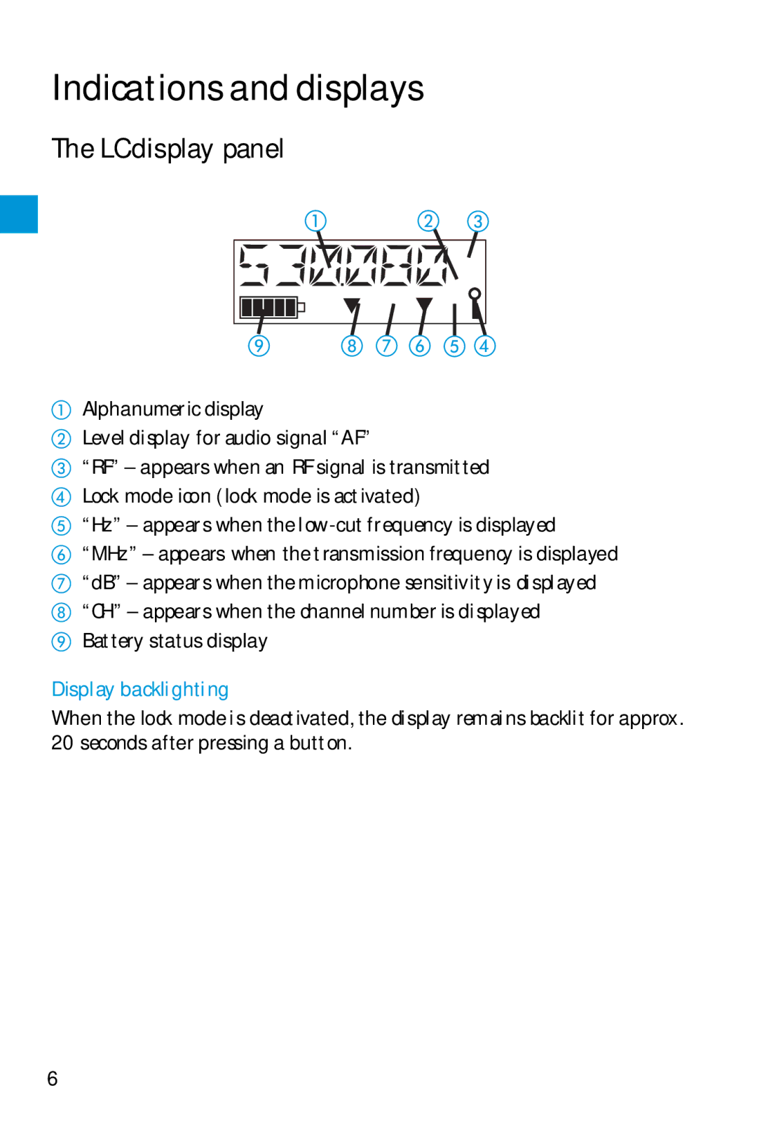 Sennheiser SK 5212 manual Indications and displays, LC display panel, Display backlighting 