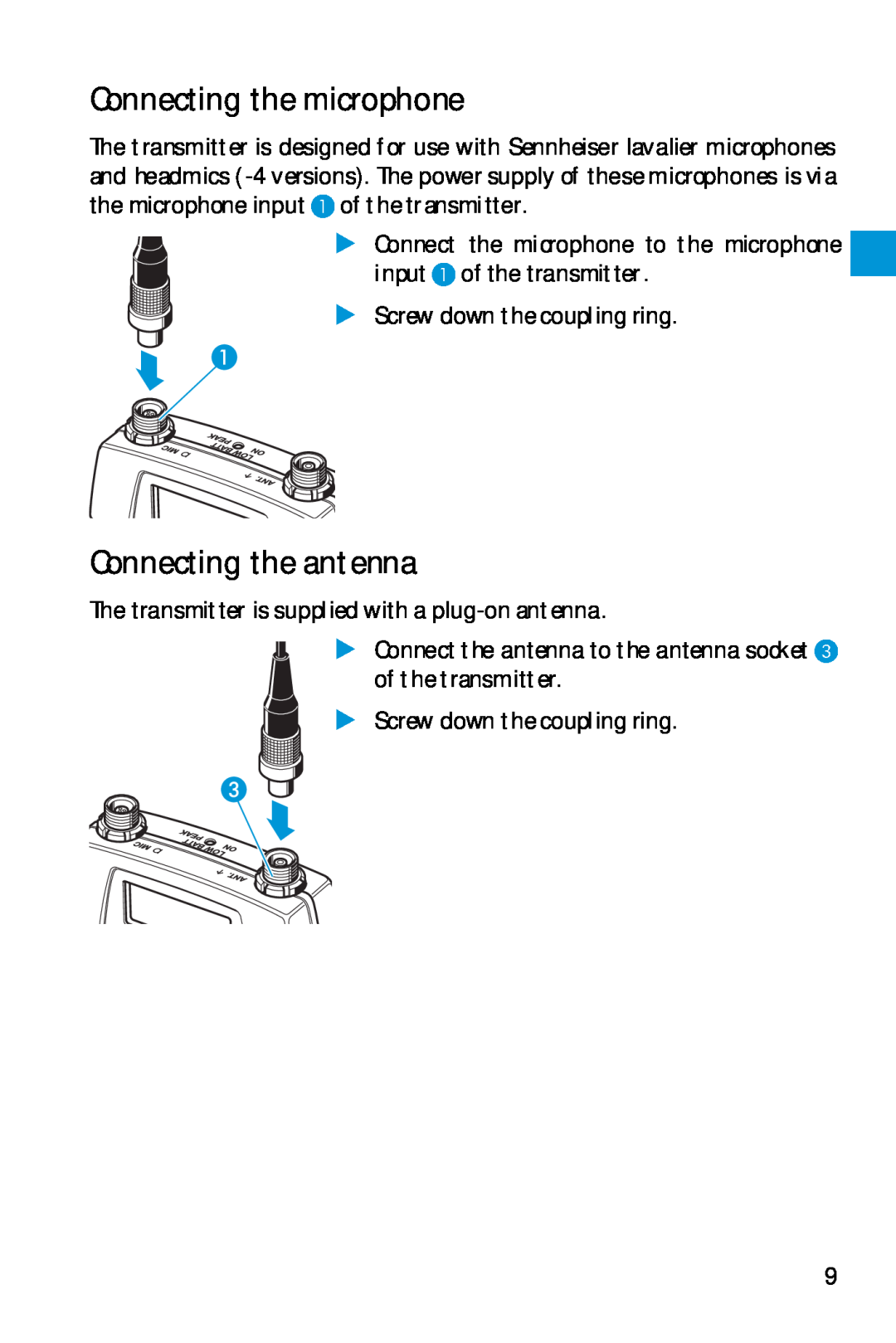 Sennheiser SK 5212 manual Connecting the microphone, Connecting the antenna 