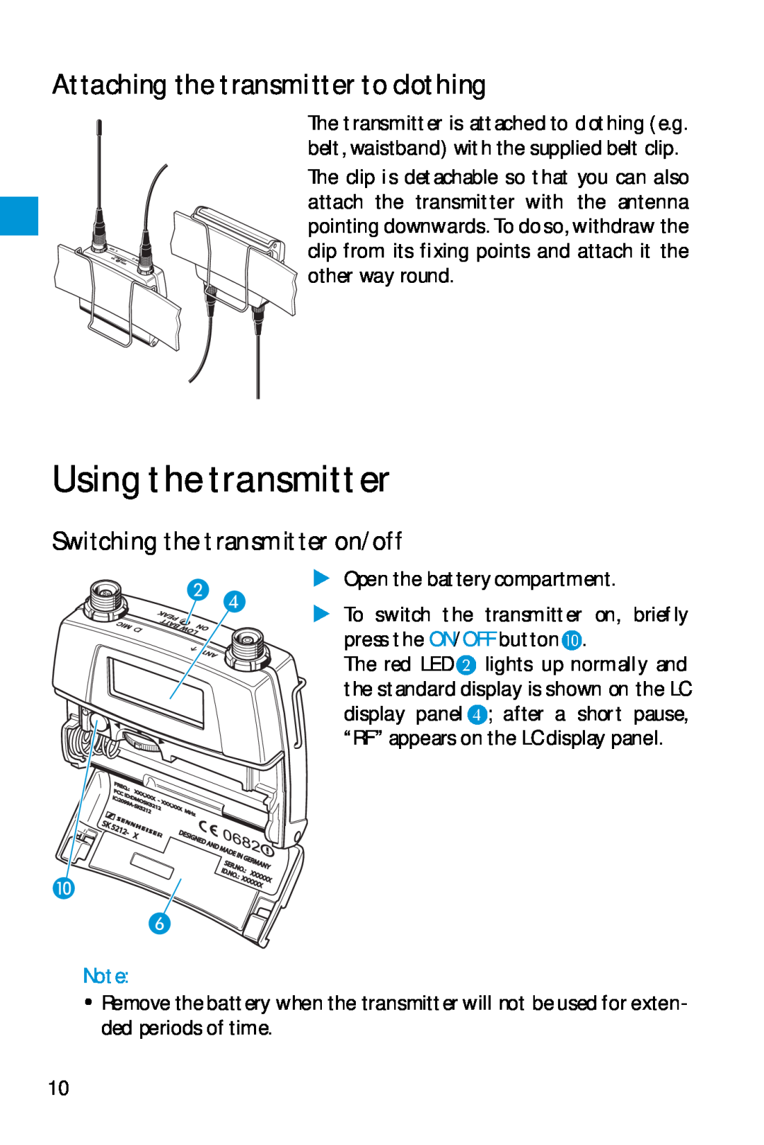 Sennheiser SK 5212 manual Using the transmitter, Attaching the transmitter to clothing, Switching the transmitter on/off 
