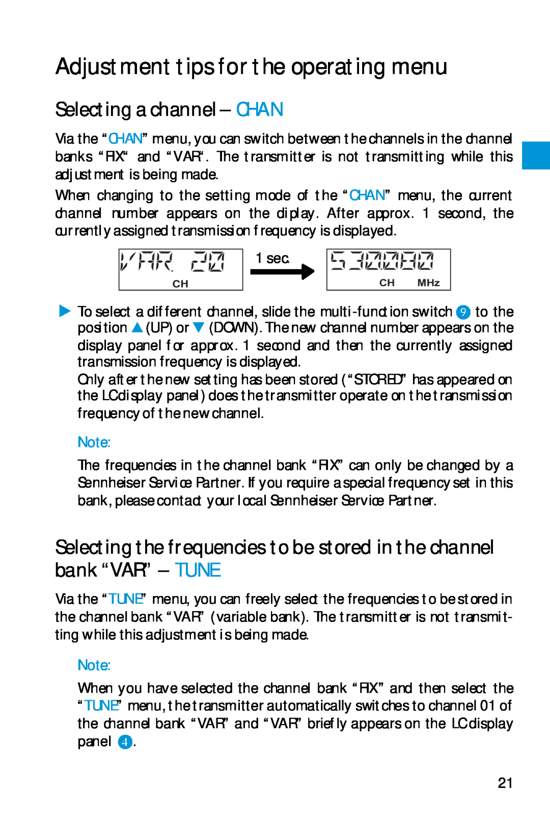 Sennheiser SK 5212 manual Adjustment tips for the operating menu, Selecting a channel - CHAN 