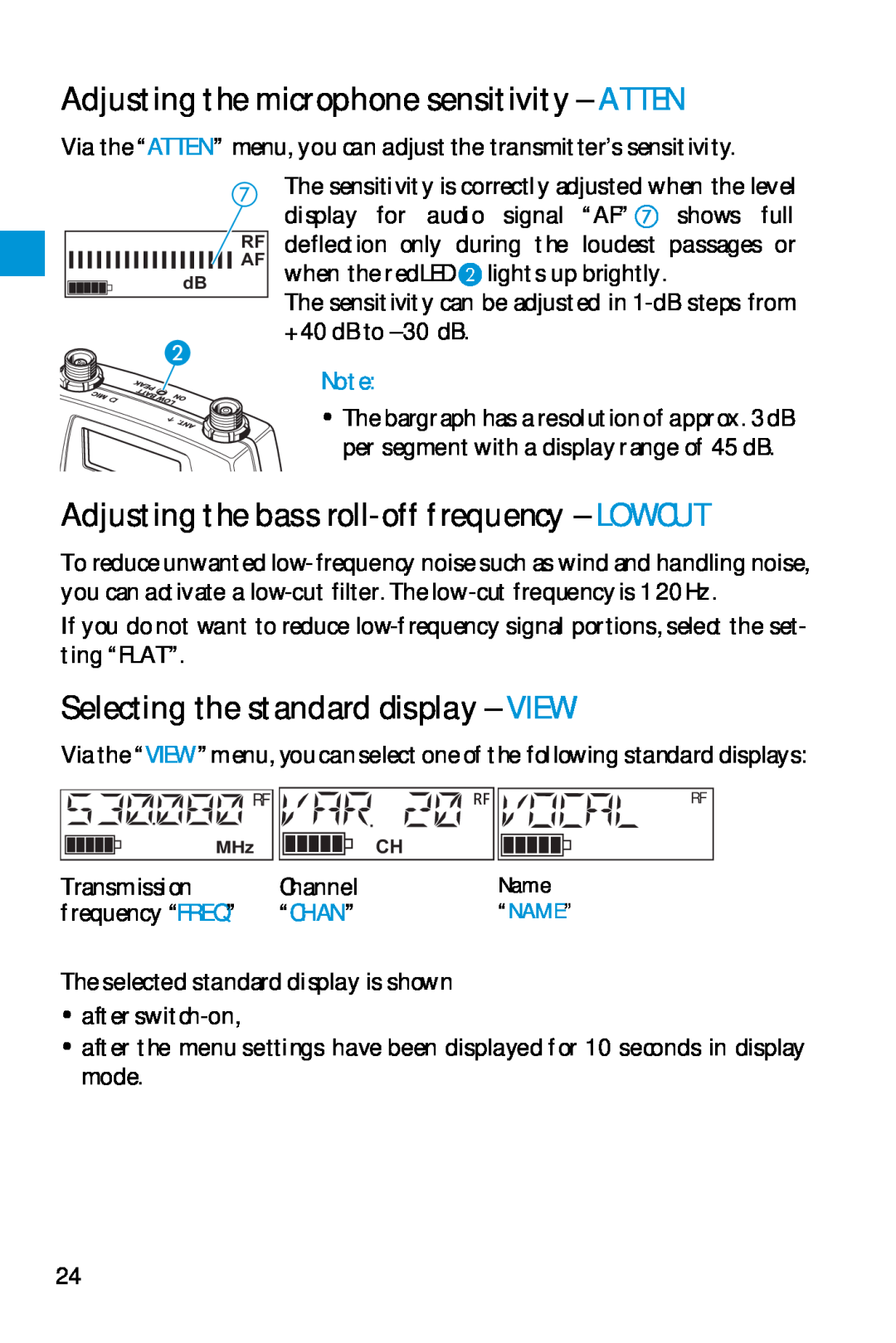 Sennheiser SK 5212 manual Adjusting the microphone sensitivity - ATTEN, Adjusting the bass roll-offfrequency - LOWCUT 