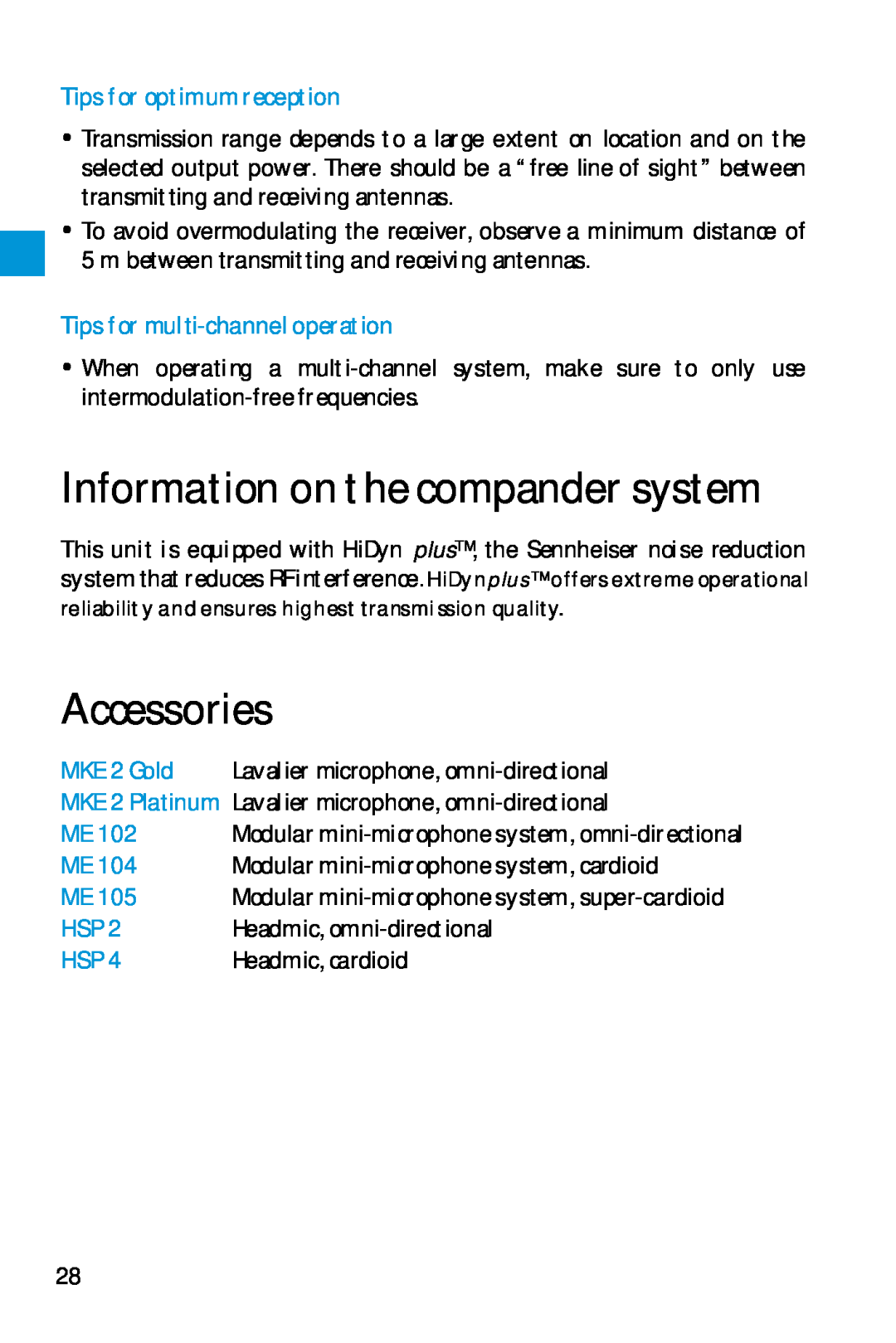 Sennheiser SK 5212 manual Information on the compander system, Accessories 