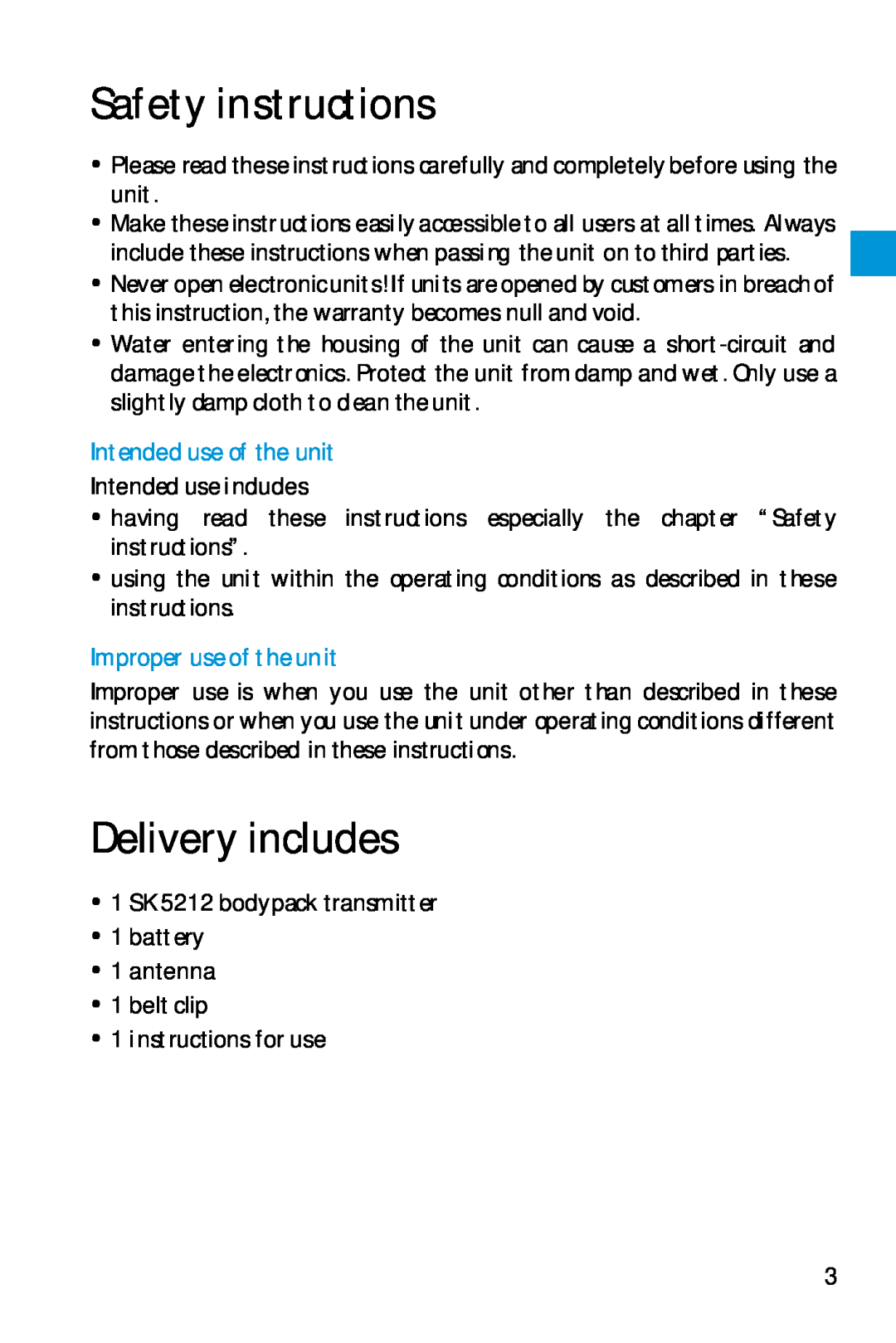 Sennheiser SK 5212 manual Safety instructions, Delivery includes 