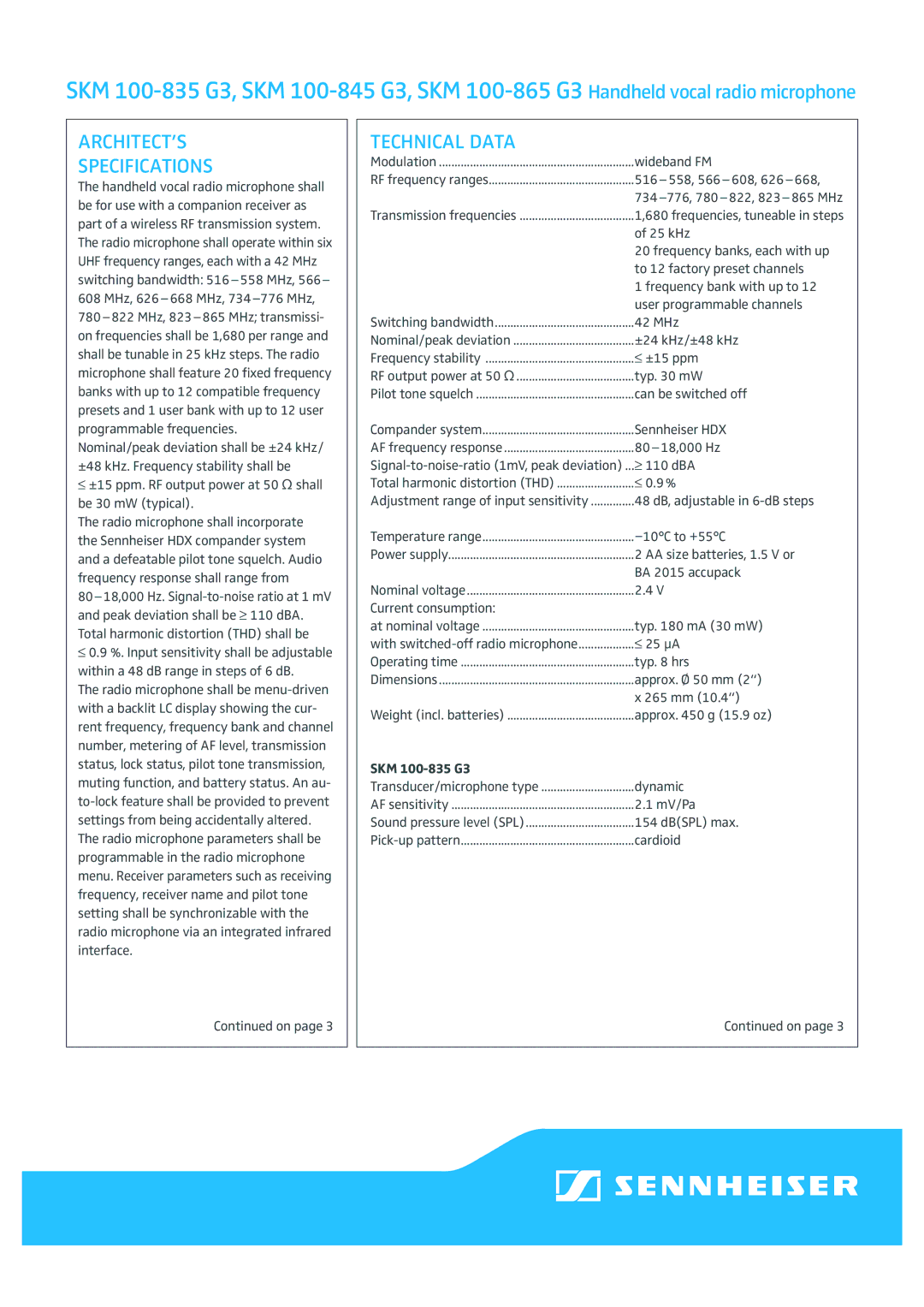 Sennheiser SKM 100-865 G3, SKM 100-845 G3 manual ARCHITECT’S Specifications, Technical Data, SKM 100-835 G3 