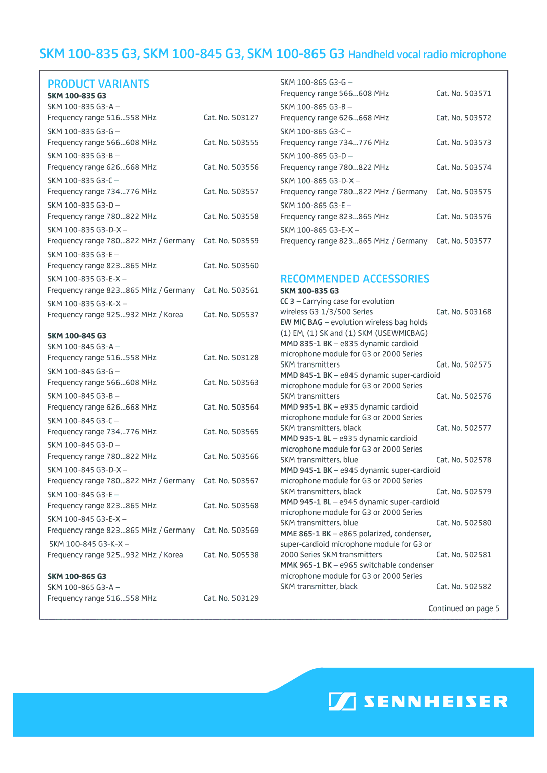 Sennheiser SKM 100-865 G3, SKM 100-845 G3, SKM 100-835 G3 manual Product Variants, Recommended Accessories 