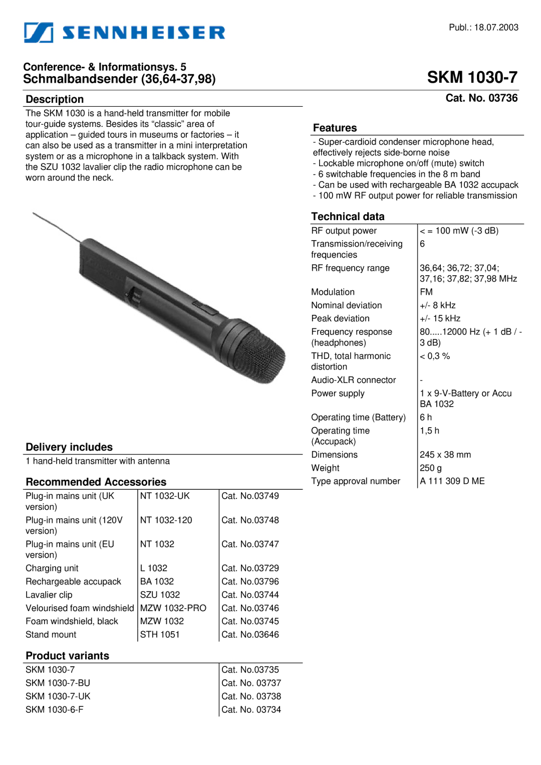 Sennheiser 03736, SKM 1030-7 dimensions Skm 