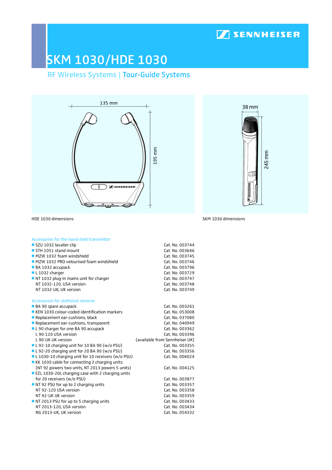 Sennheiser dimensions SKM 1030/HDE, Accessories for the hand-held transmitter, Accessories for stethoset receiver 