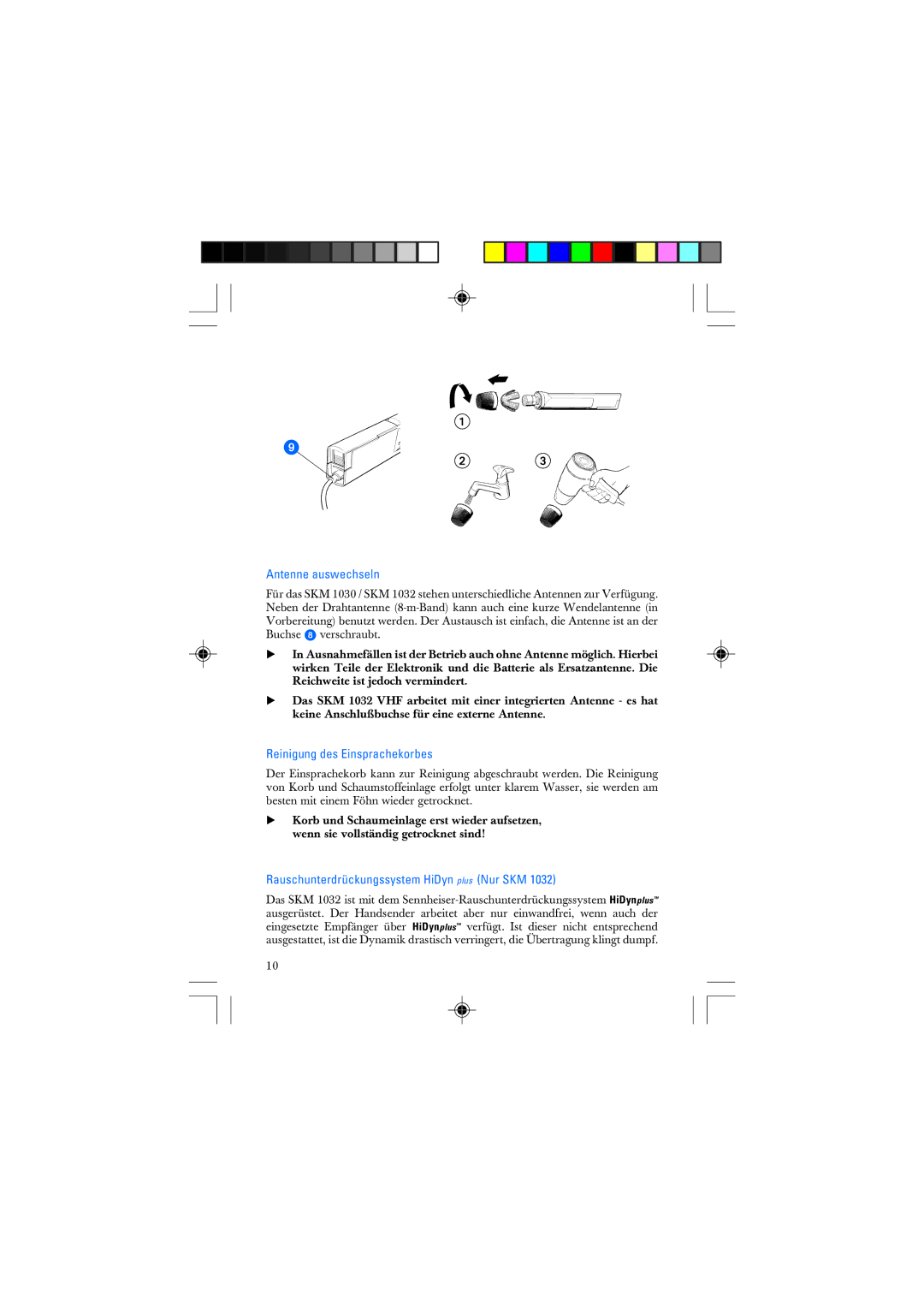 Sennheiser SKM 1032 Antenne auswechseln, Reinigung des Einsprachekorbes, Rauschunterdrückungssystem HiDyn plus Nur SKM 