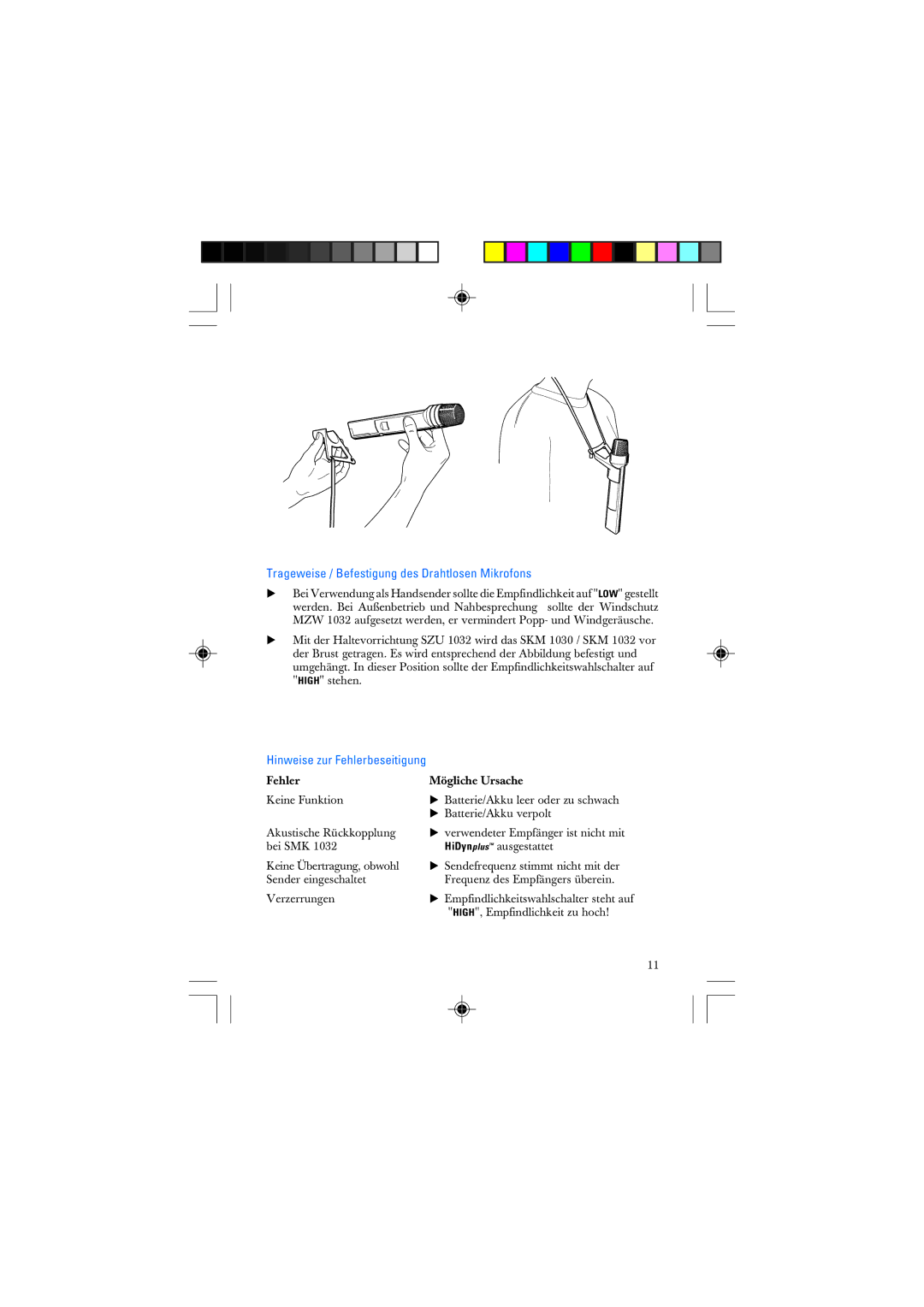 Sennheiser SKM 1032 manual Trageweise / Befestigung des Drahtlosen Mikrofons, Hinweise zur Fehlerbeseitigung 