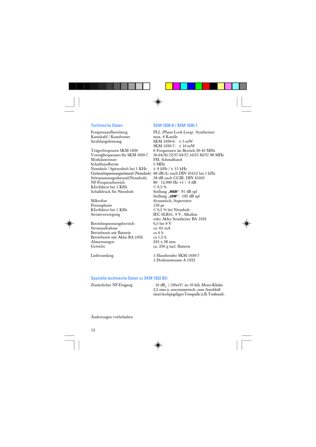 Sennheiser manual Technische Daten SKM 1030-6 / SKM, Spezielle technische Daten zu SKM 1032 BU 