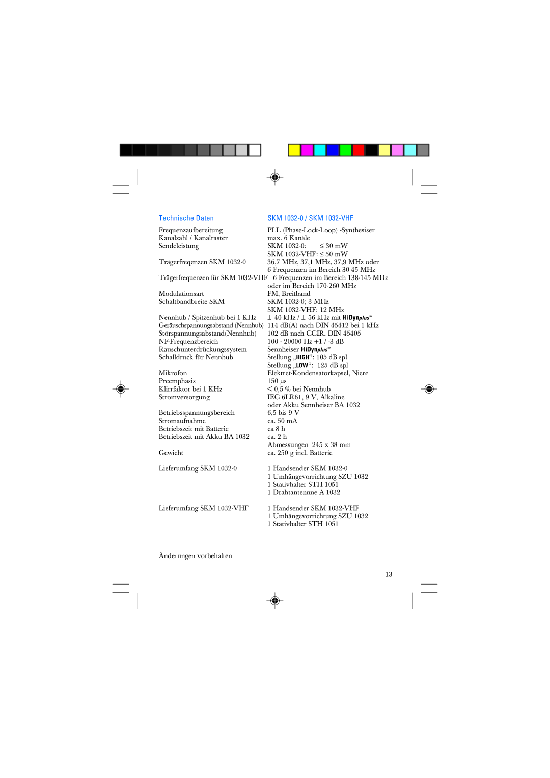 Sennheiser manual Technische Daten SKM 1032-0 / SKM 1032-VHF 