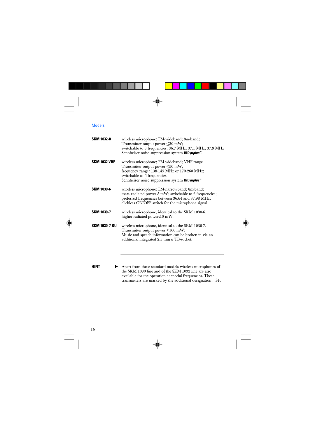 Sennheiser SKM 1032 manual Models, Hint 