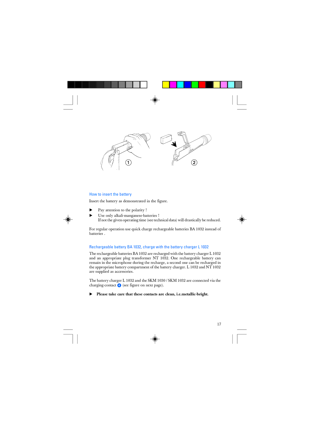 Sennheiser SKM 1032 manual How to insert the battery 