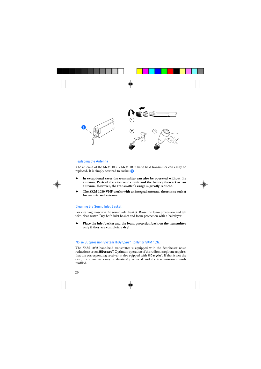 Sennheiser SKM 1032 manual Replacing the Antenna, Cleaning the Sound Inlet Basket 