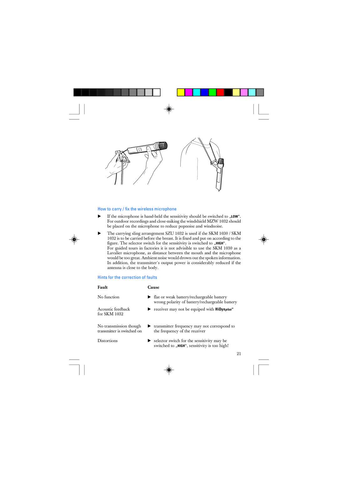 Sennheiser SKM 1032 manual How to carry / fix the wireless microphone, Hints for the correction of faults 