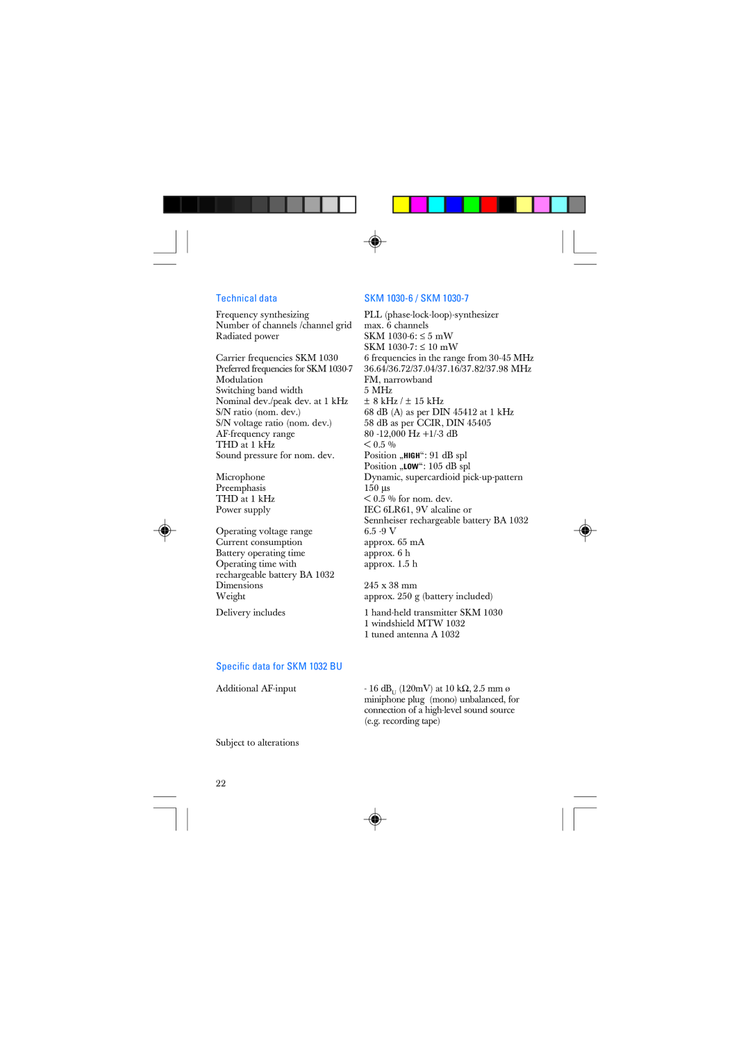 Sennheiser manual Technical data, Specific data for SKM 1032 BU 