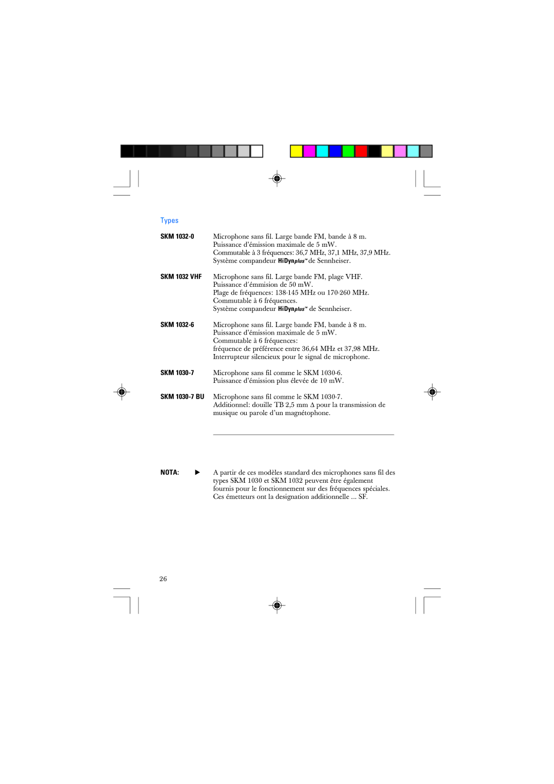 Sennheiser SKM 1032 manual Types, Nota 