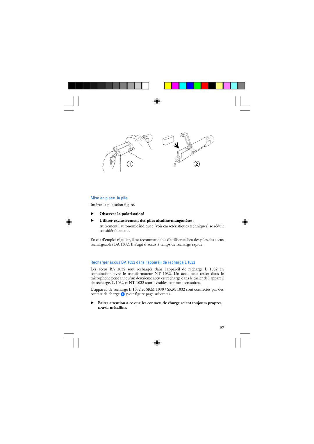 Sennheiser SKM 1032 manual Mise en place la pile, Recharger accus BA 1032 dans l’appareil de recharge L 