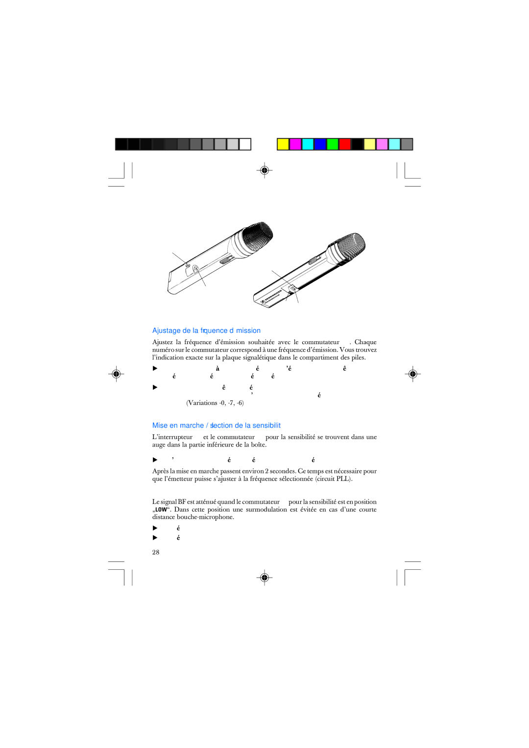 Sennheiser SKM 1032 manual Ajustage de la fréquence d’émission, Mise en marche / sélection de la sensibilité 