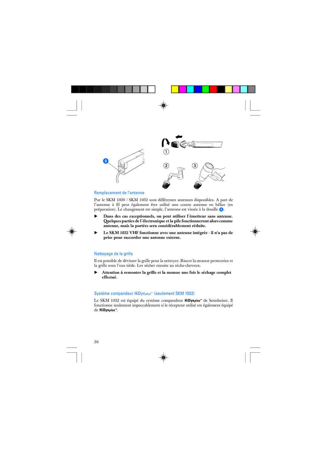 Sennheiser SKM 1032 manual Remplacement de l’antenne, Nettoyage de la grille, Système compandeur HiDynplus seulement SKM 