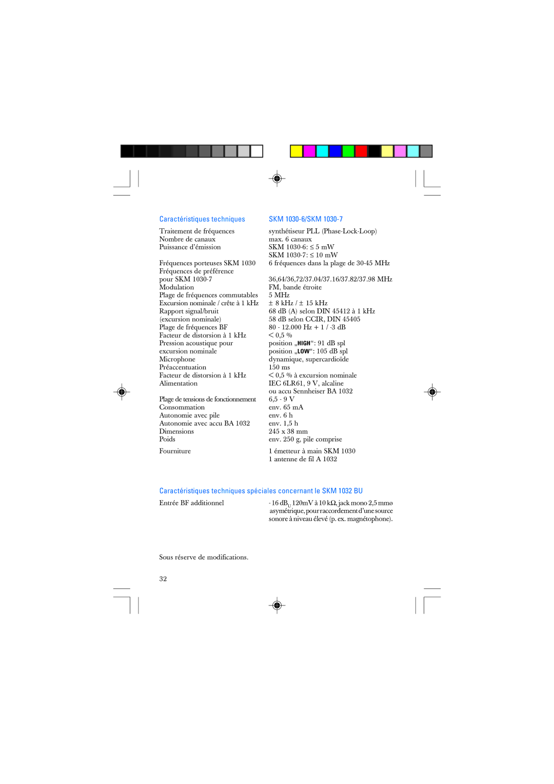 Sennheiser SKM 1032 manual Caractéristiques techniques, SKM 1030-6/SKM 