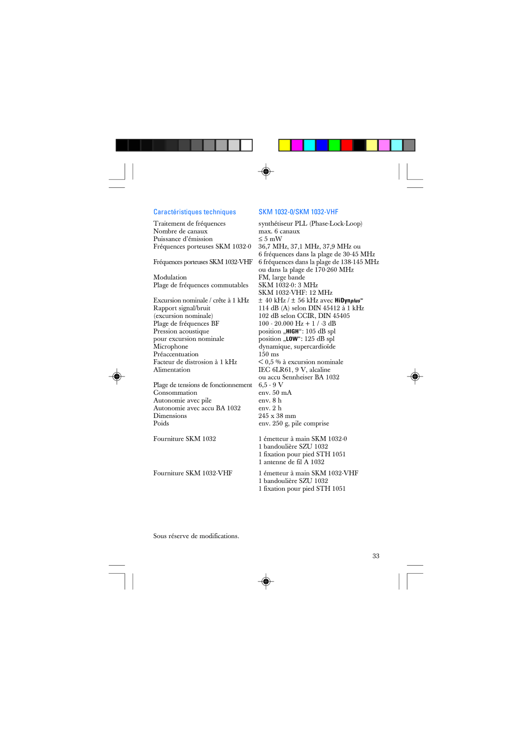 Sennheiser manual Caractéristiques techniques SKM 1032-0/SKM 1032-VHF 