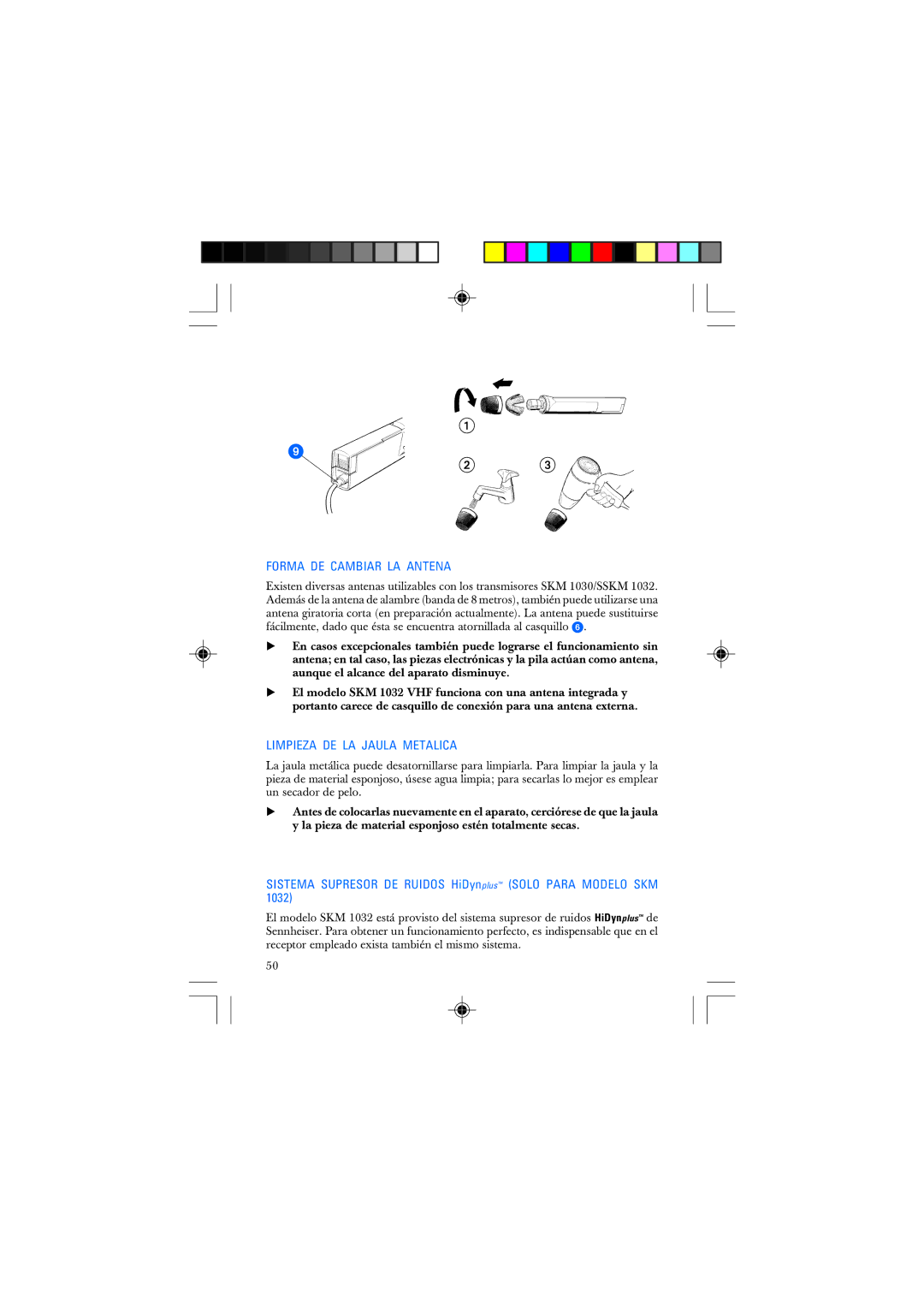 Sennheiser SKM 1032 manual Forma DE Cambiar LA Antena, Sistema Supresor DE Ruidos HiDynplus Solo Para Modelo SKM 