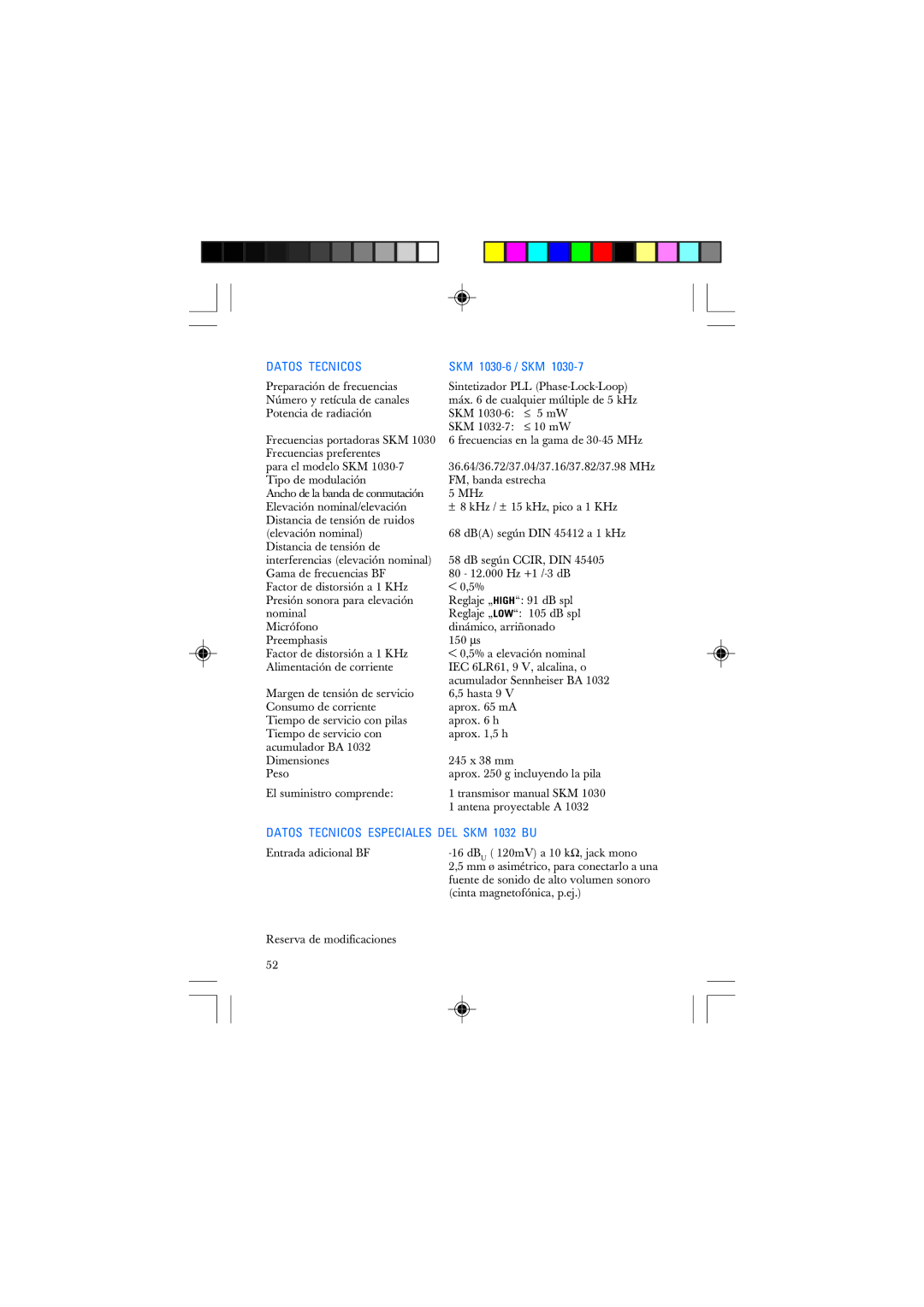 Sennheiser SKM 1032 manual Datos Tecnicos 