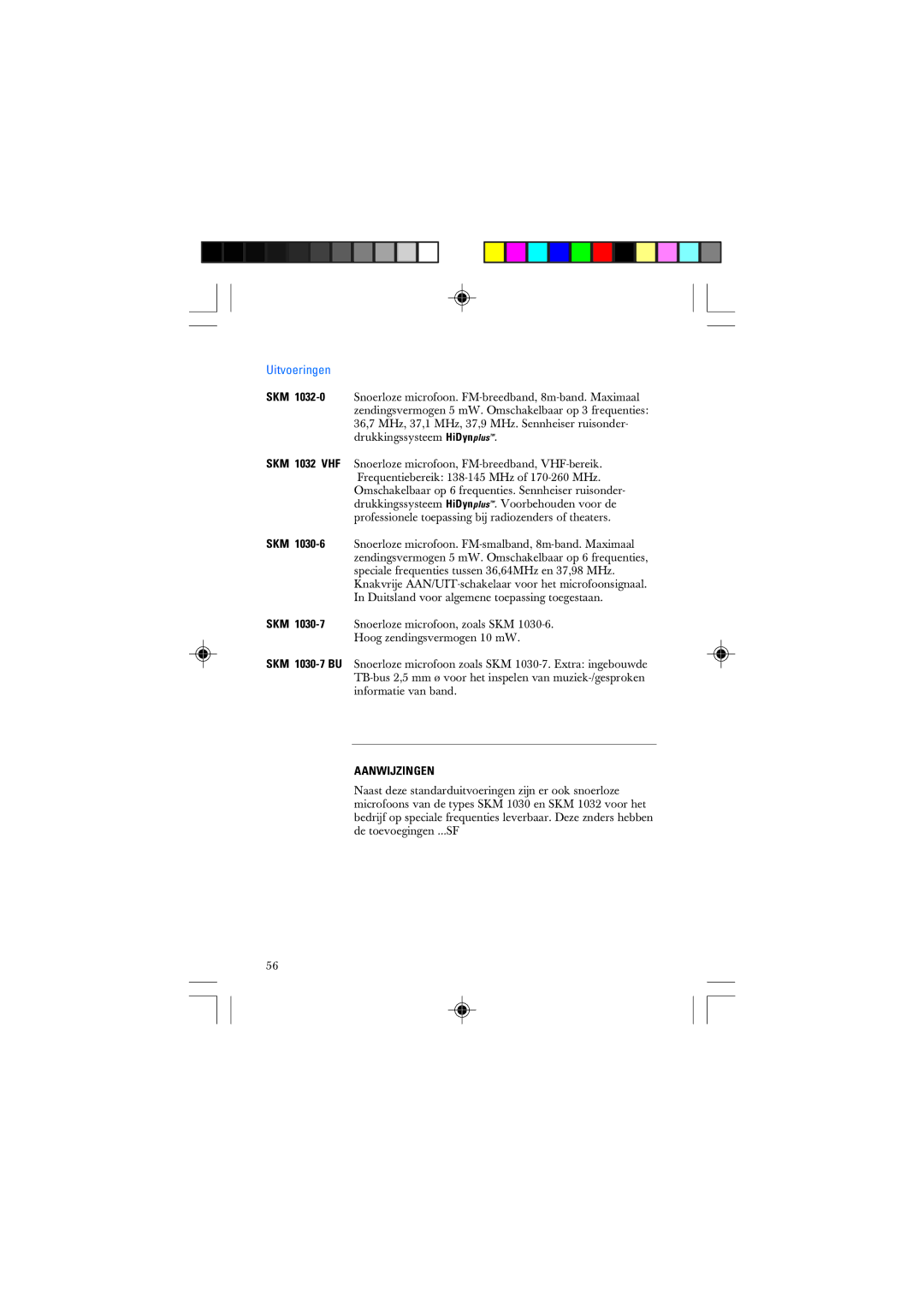 Sennheiser SKM 1032 manual Uitvoeringen, Aanwijzingen 