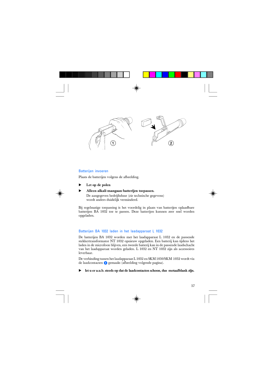 Sennheiser SKM 1032 manual Batterijen invoeren, Batterijen BA 1032 laden in het laadapparaat L 